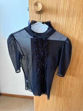 Vintage Black Sheer Ruffle High-Neck Tee